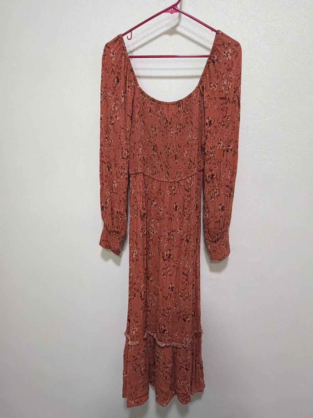 Promesa Rust Floral Long Sleeve Smocked Maxi Dress.